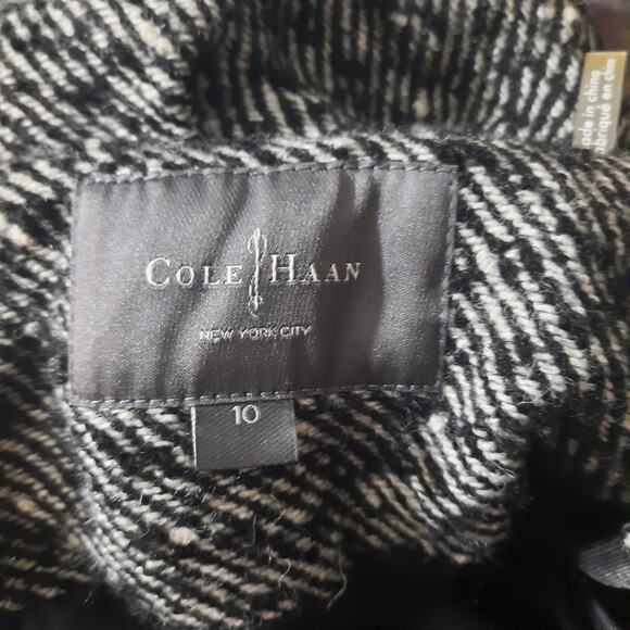 Cole Haan Womens Black & White Wool Blend Leather Trim Tweed Coat Size 10 - Picture 6 of 11